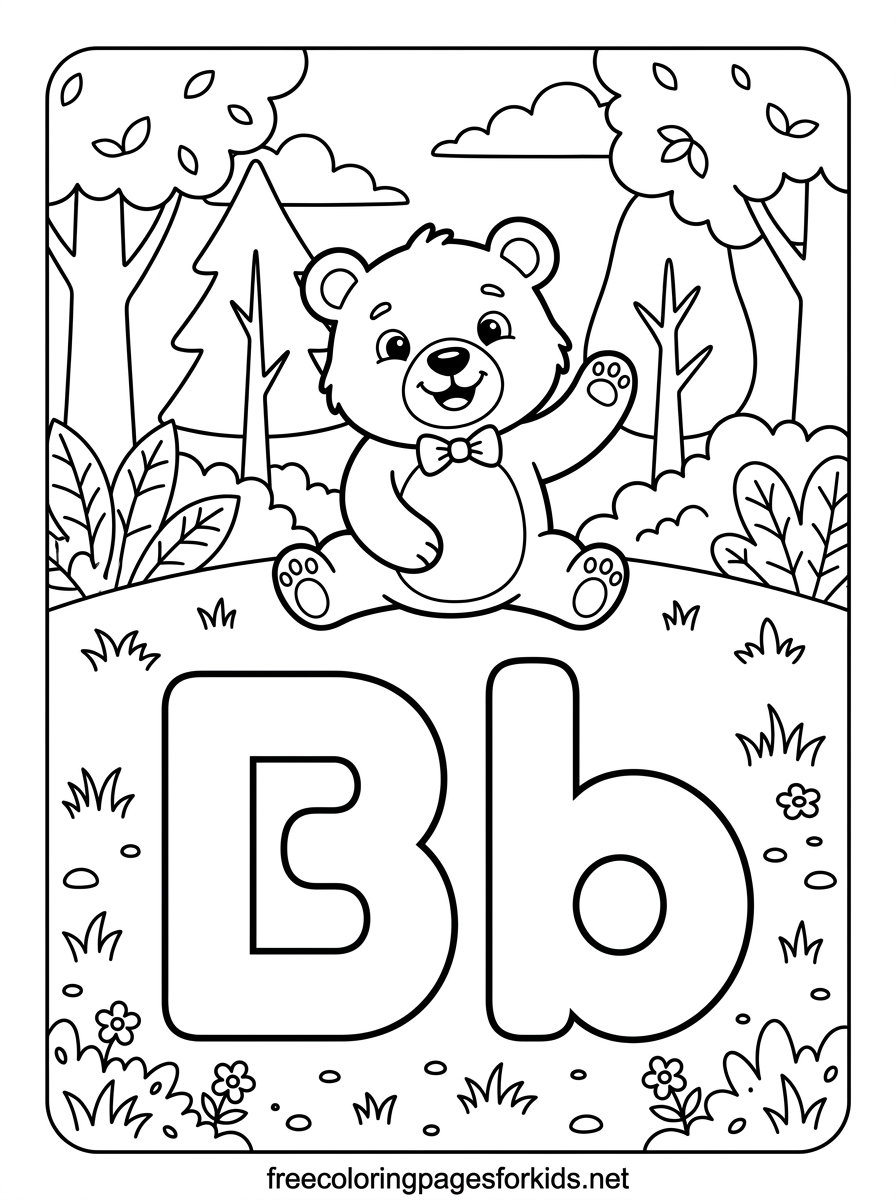 Letter B Bear Waving in the Forest Coloring Page