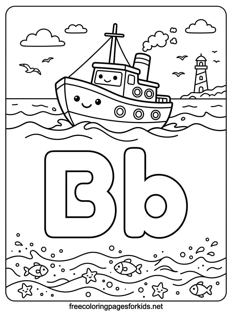 Letter B Boat Sailing Coloring Page