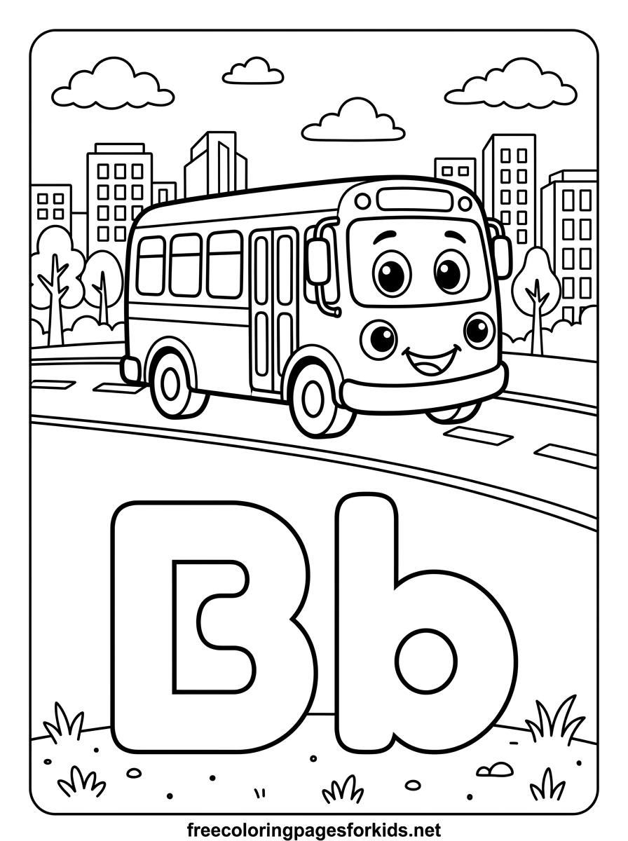 Letter B Bus Driving on the Road Coloring Page