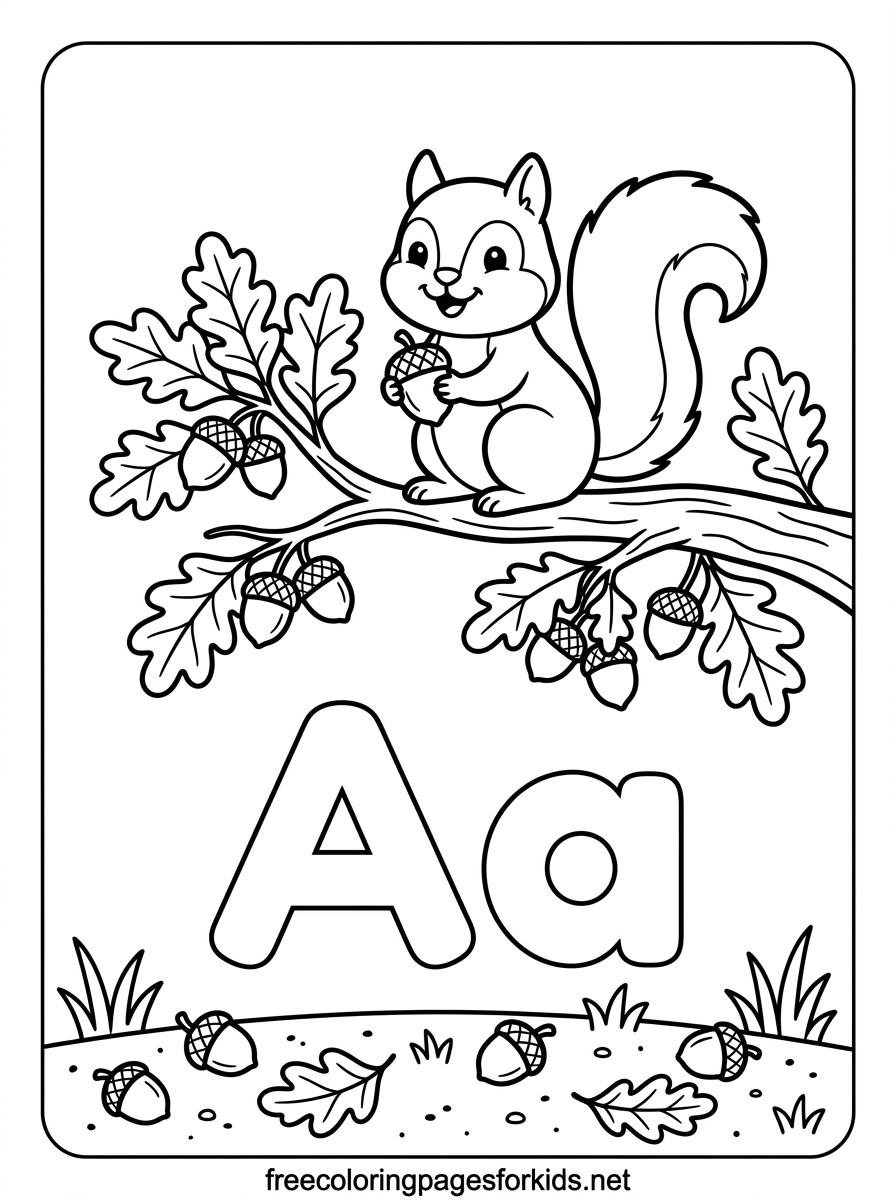 Letter A Squirrel with Acorns Coloring Page
