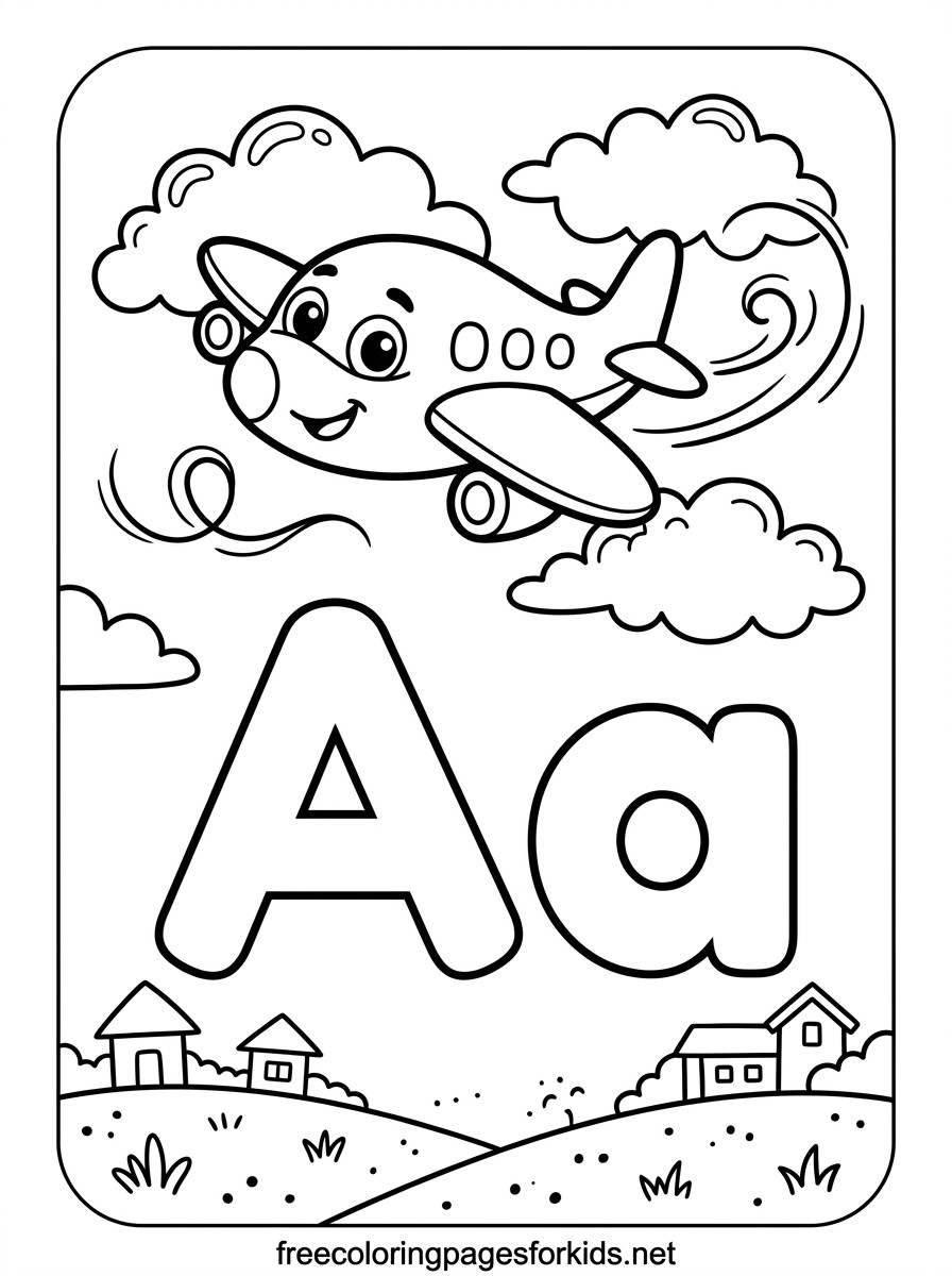 Letter A Happy Airplane Coloring Page