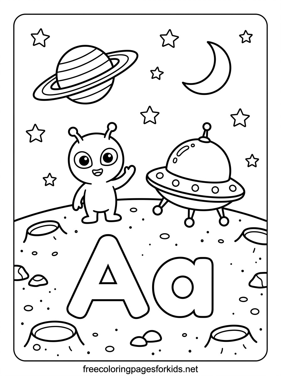 Letter A Alien and UFO Coloring Page