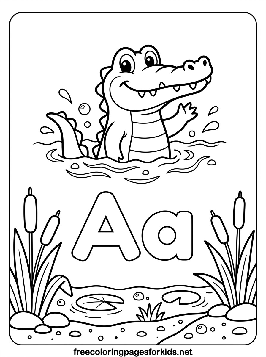Letter A Alligator in the Pond Coloring Page