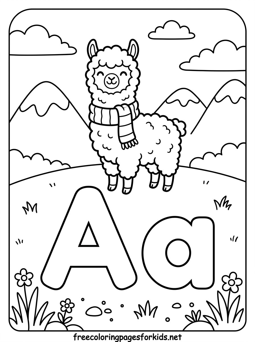 Letter A Alpaca with a Scarf Coloring Page