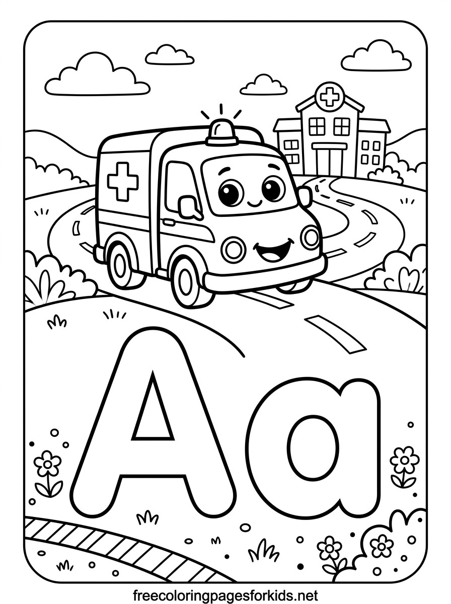 Letter A Ambulance Driving to the Hospital Coloring Page