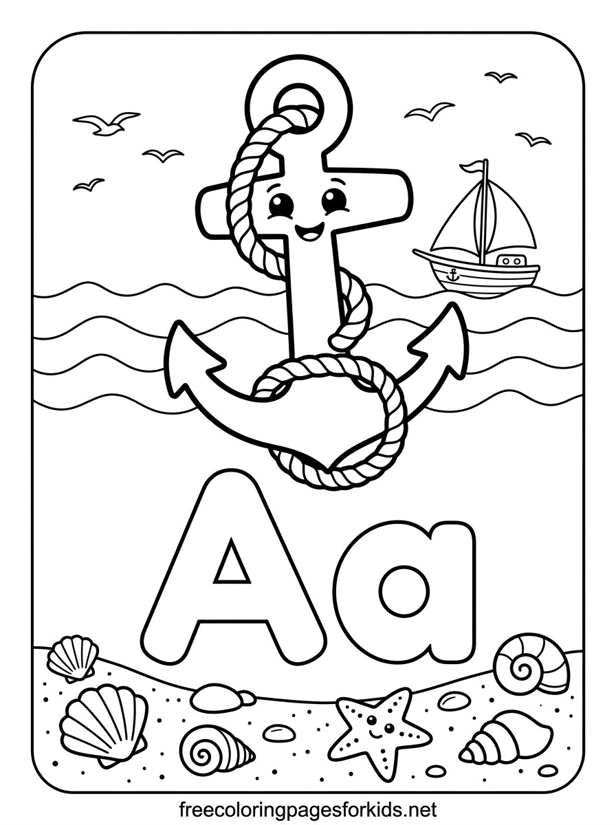 Letter A Anchor and Sailboat Coloring Page