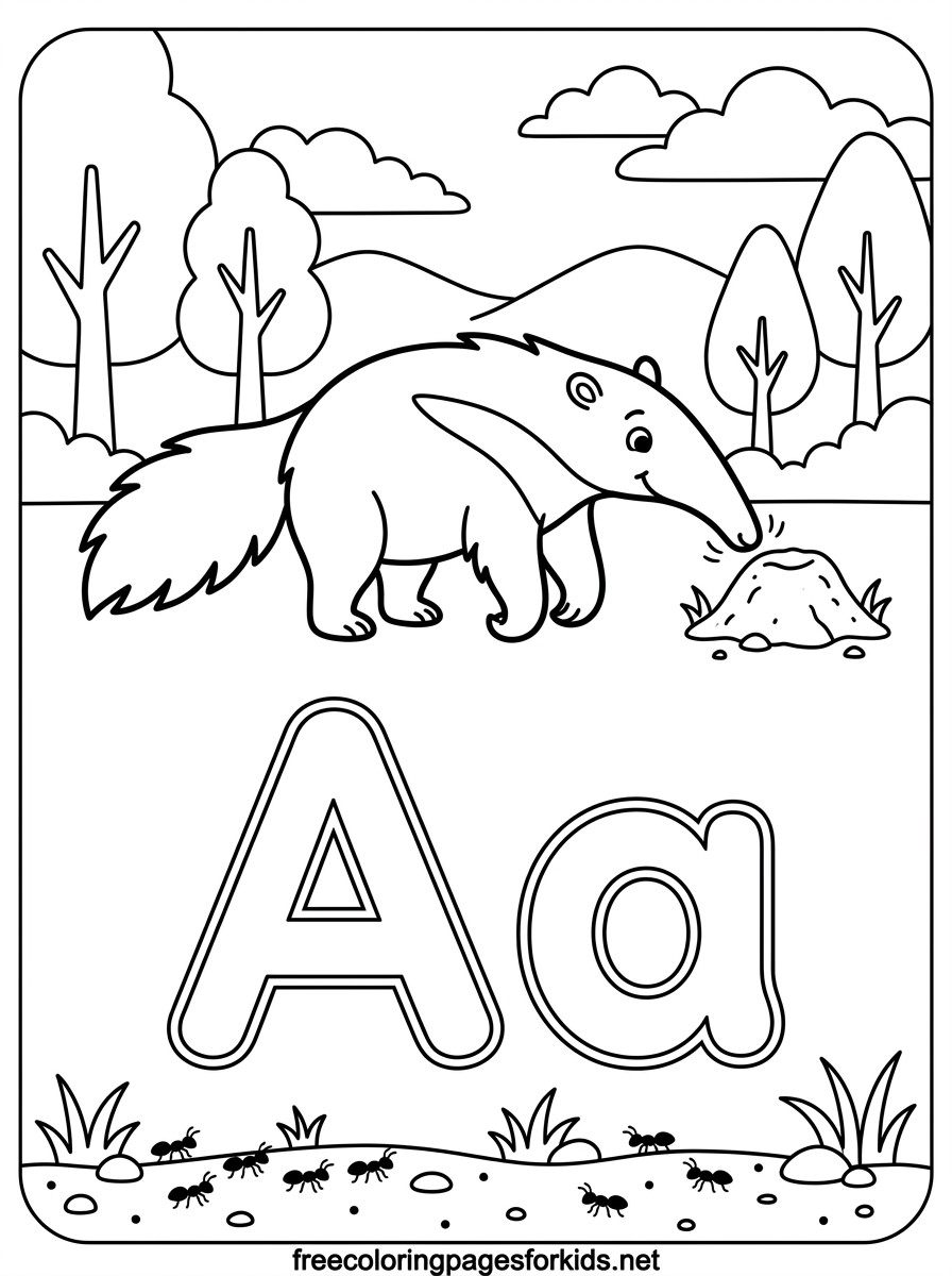 Letter A Anteater and Ants Coloring Page