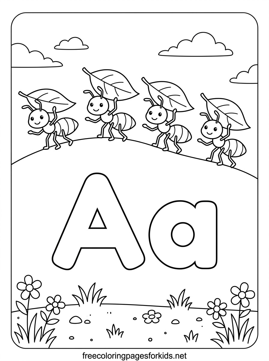 Letter A Ants Carrying Leaves Coloring Page