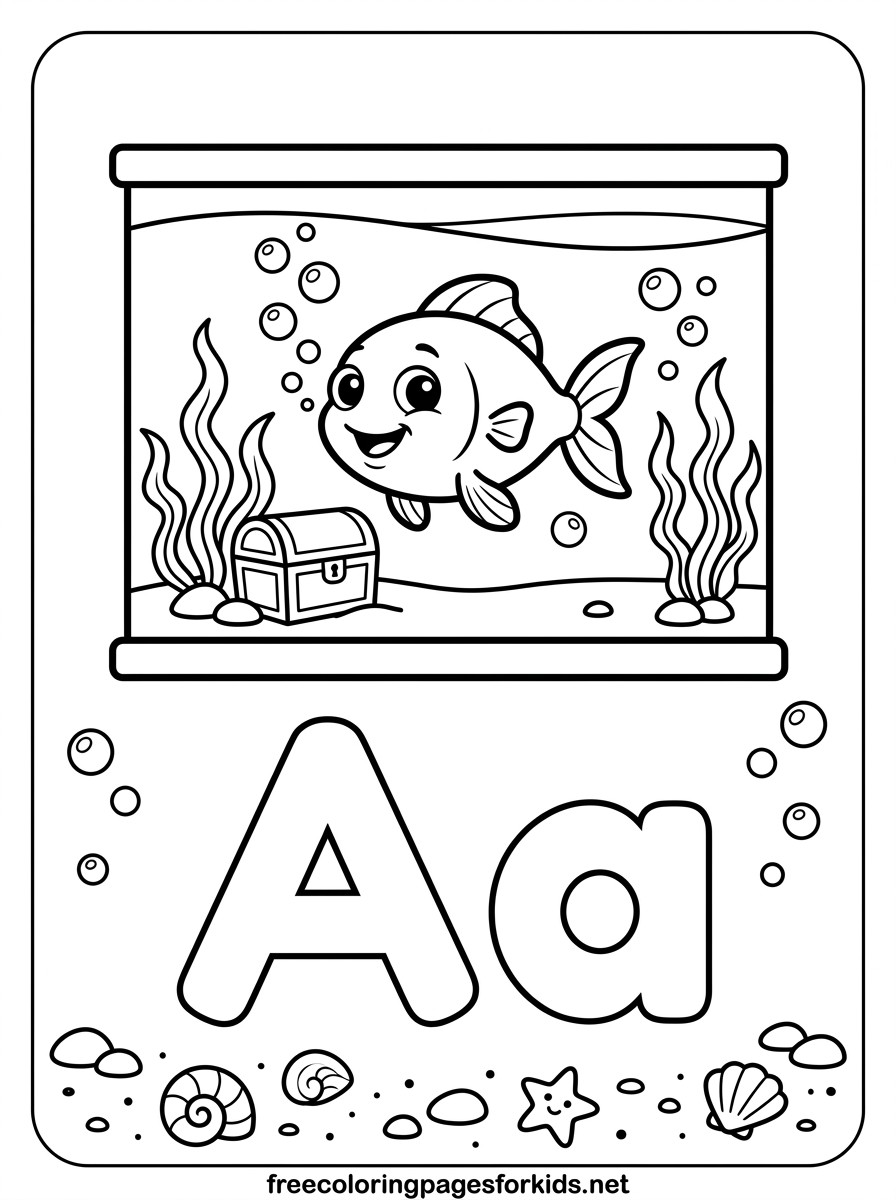 Letter A Aquarium with Fish Coloring Page