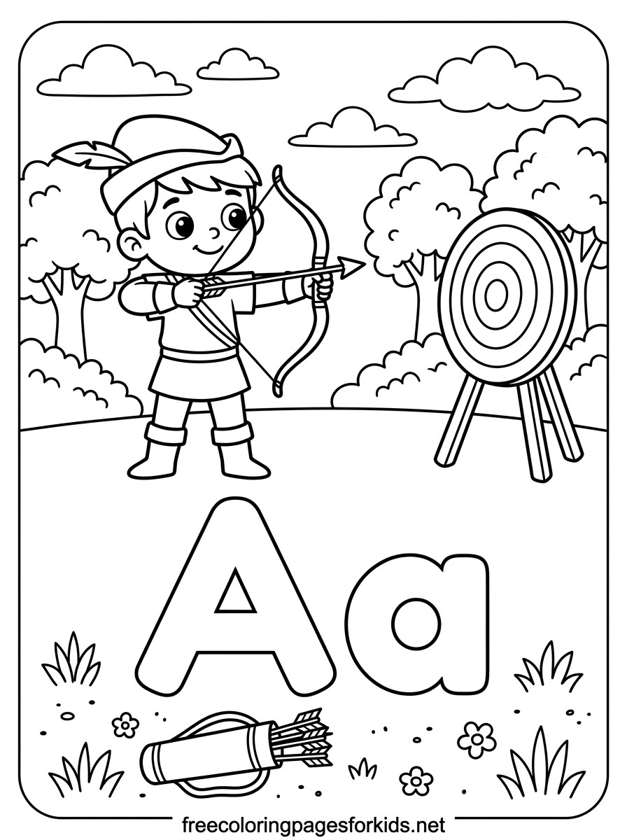 Letter A Archer with Bow and Arrow Coloring Page