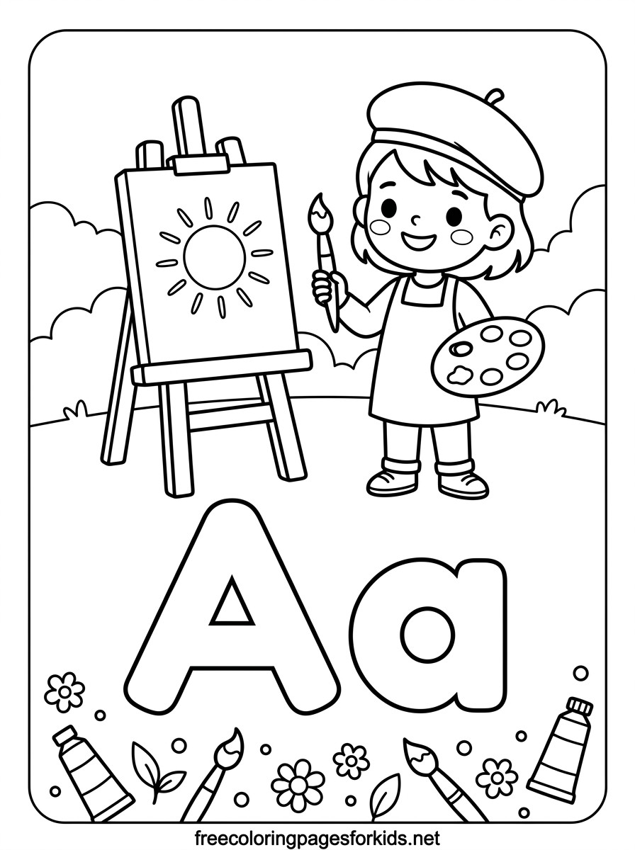 Letter A Artist with Paint and Easel Coloring Page