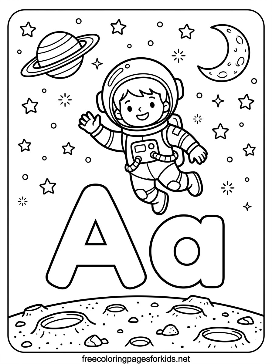 Letter A Astronaut in Space Coloring Page