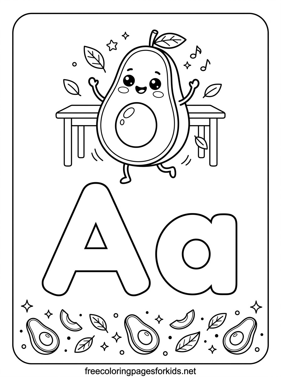 Letter A Dancing Avocado Coloring Page