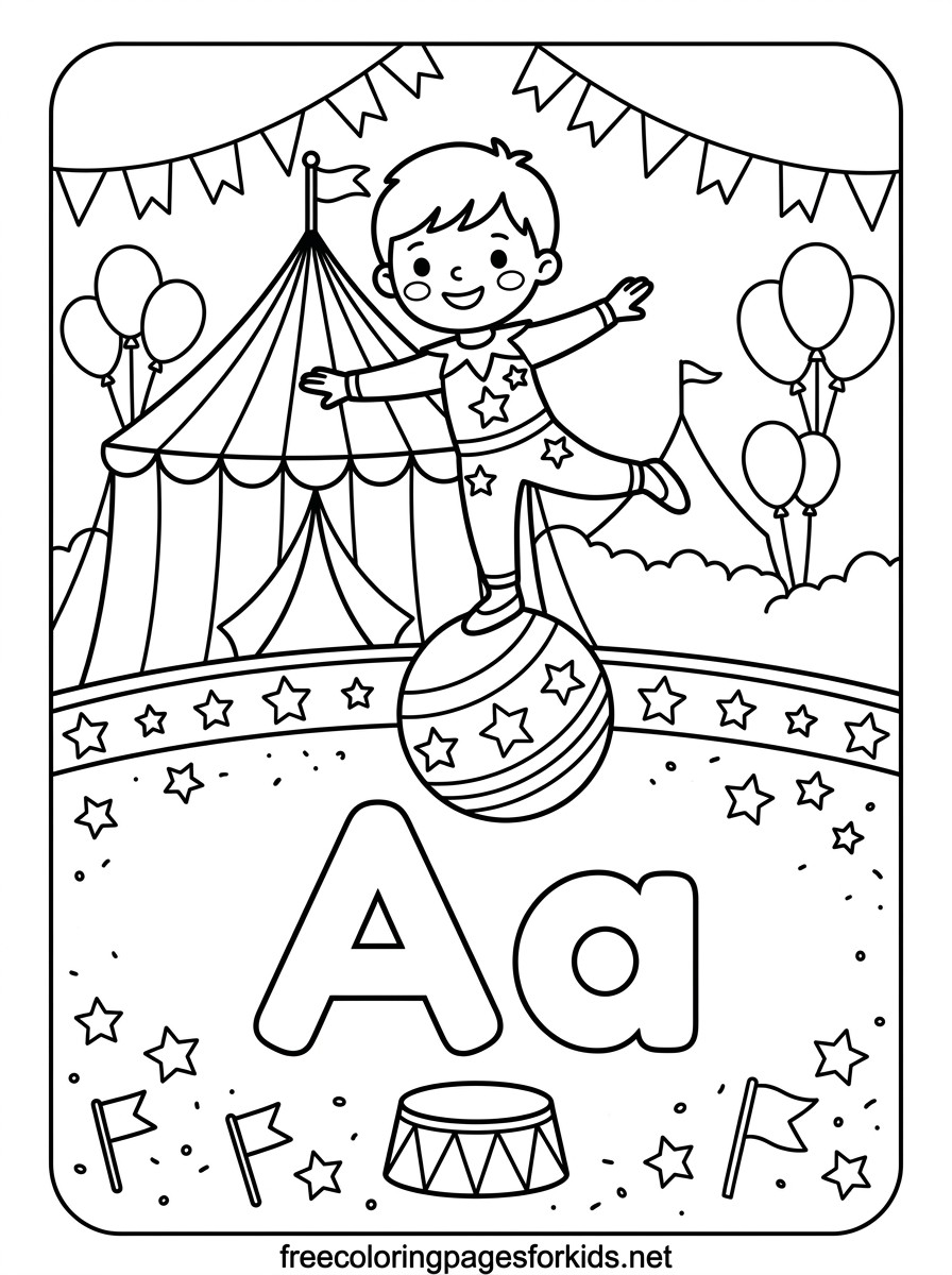 Letter A Circus Boy on a Ball Coloring Page