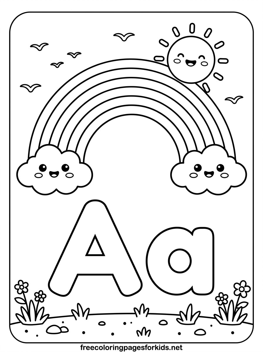 Letter A Rainbow and Happy Clouds Coloring Page