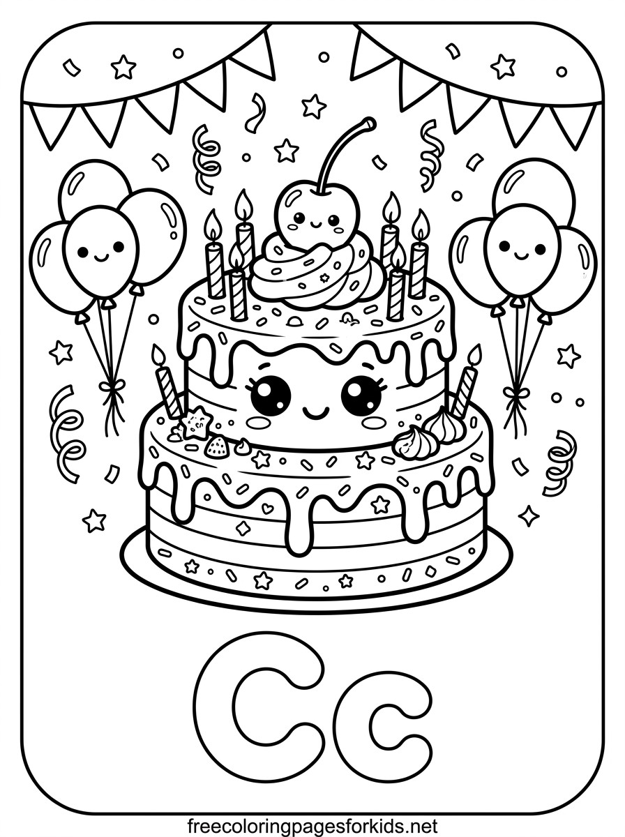 Letter C Birthday Cake with Balloons Coloring Page