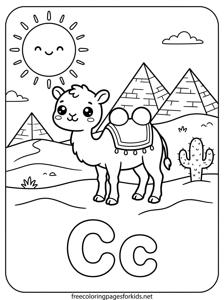 Letter C Camel in the Desert Coloring Page