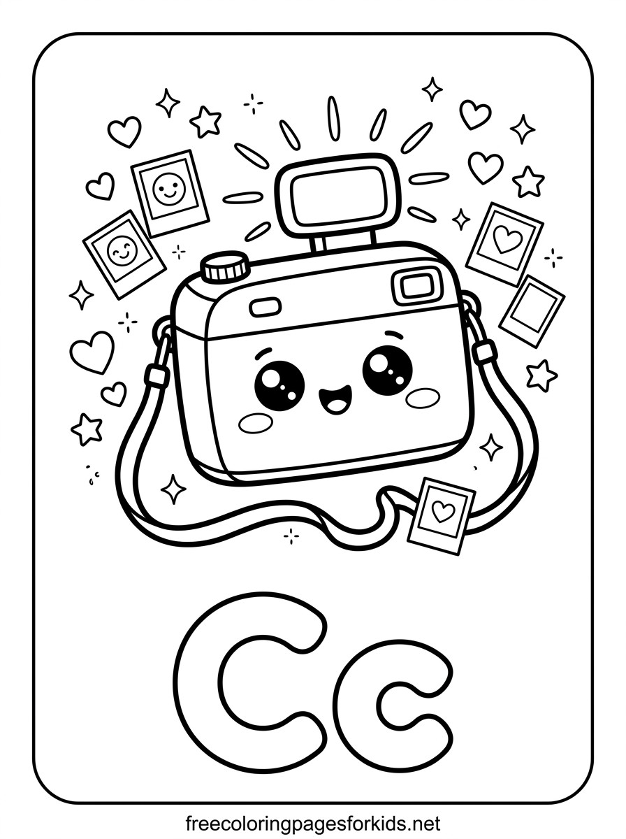 Letter C Camera and Photos Coloring Page