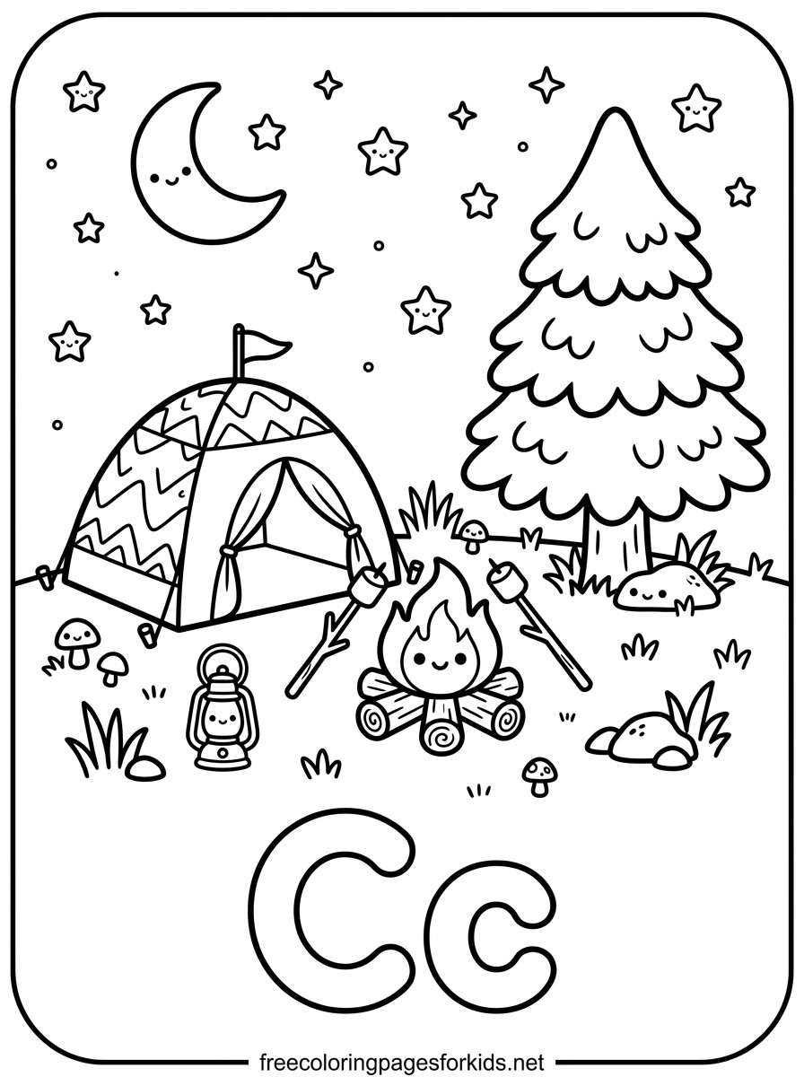 Letter C Camping Tent and Campfire Coloring Page