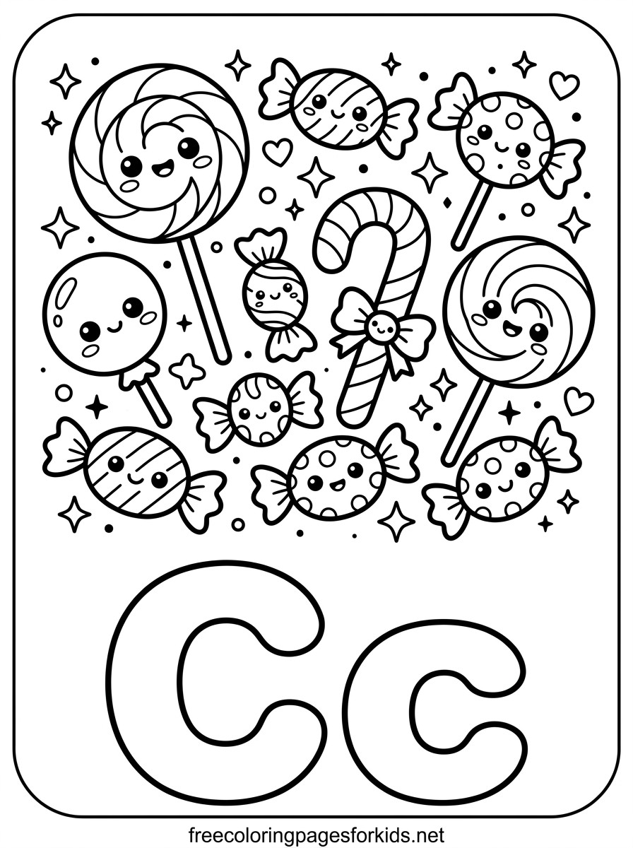 Letter C Candy and Lollipops Coloring Page