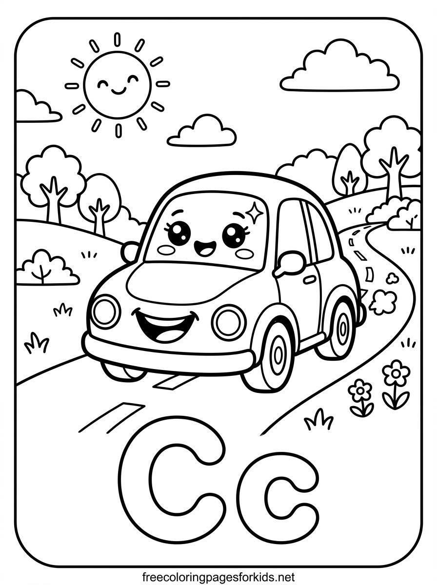 Letter C Happy Car Coloring Page