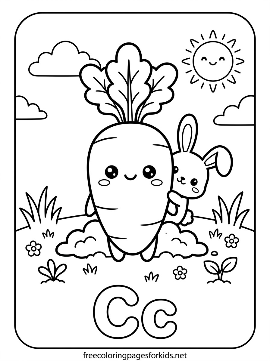 Letter C Carrot and Bunny Coloring Page