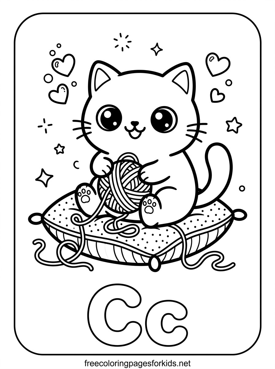 Letter C Cat with Yarn Coloring Page