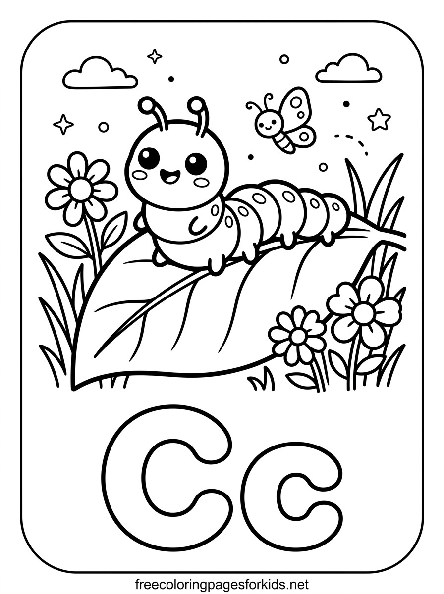 Letter C Caterpillar on a Leaf Coloring Page