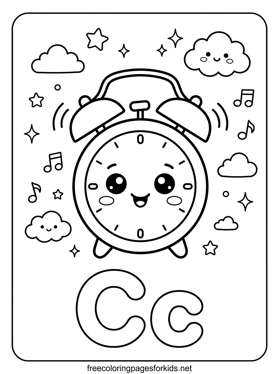 Letter C Alarm Clock Coloring Page