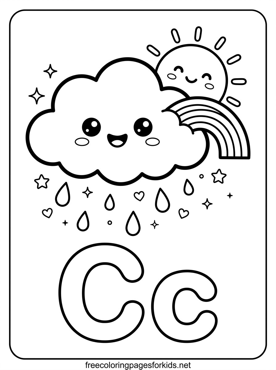 Letter C Cloud and Rainbow Coloring Page