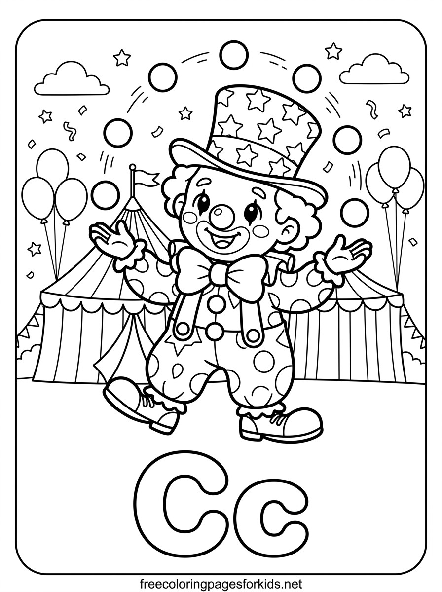 Letter C Circus Clown Coloring Page