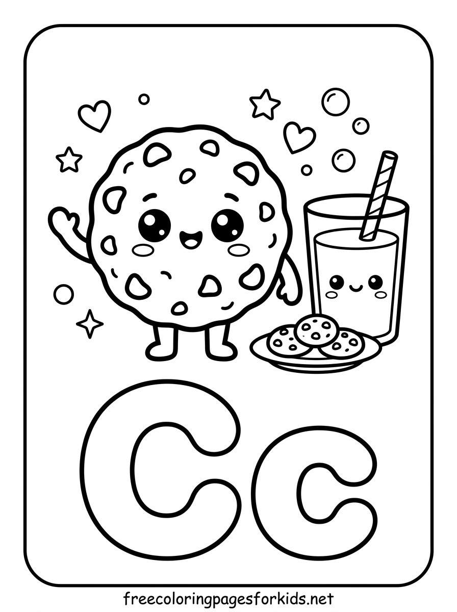Letter C Cookie and Milk Coloring Page