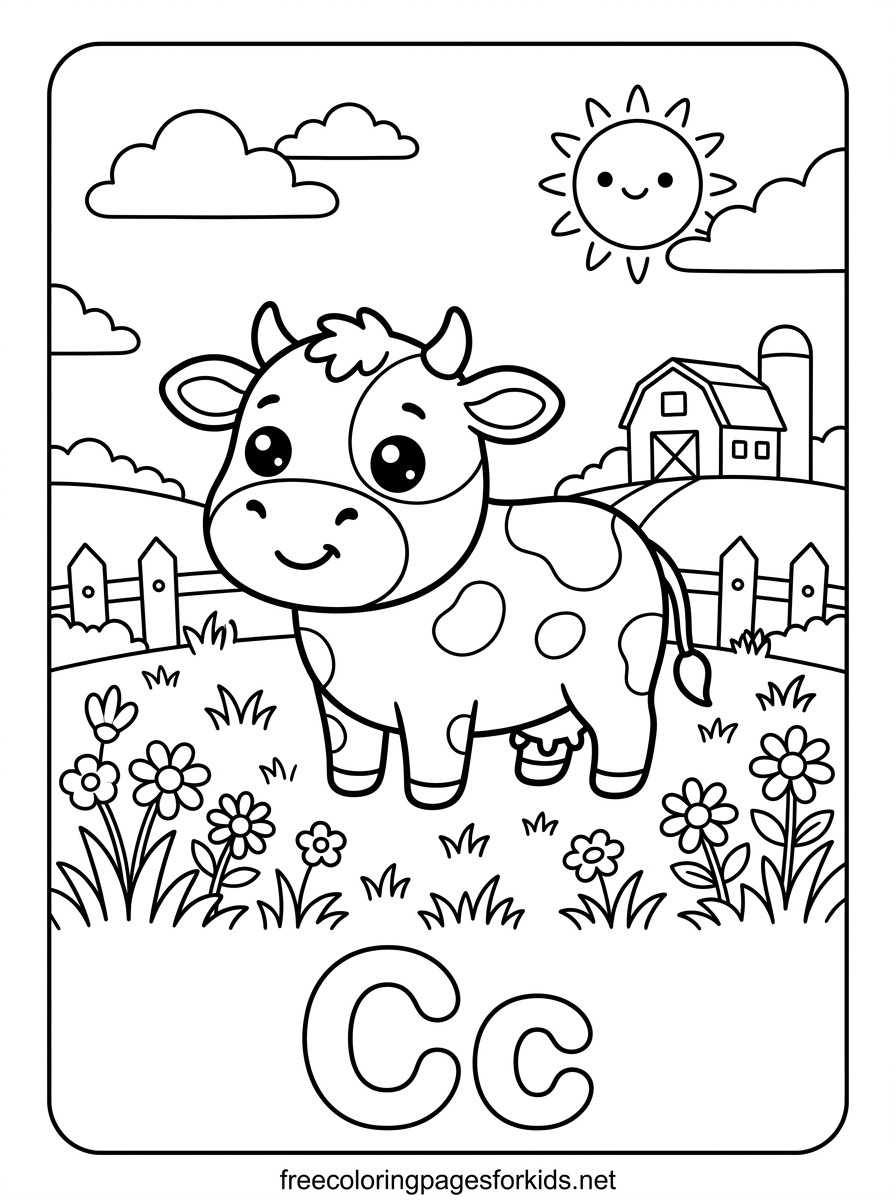 Letter C Cow on the Farm Coloring Page