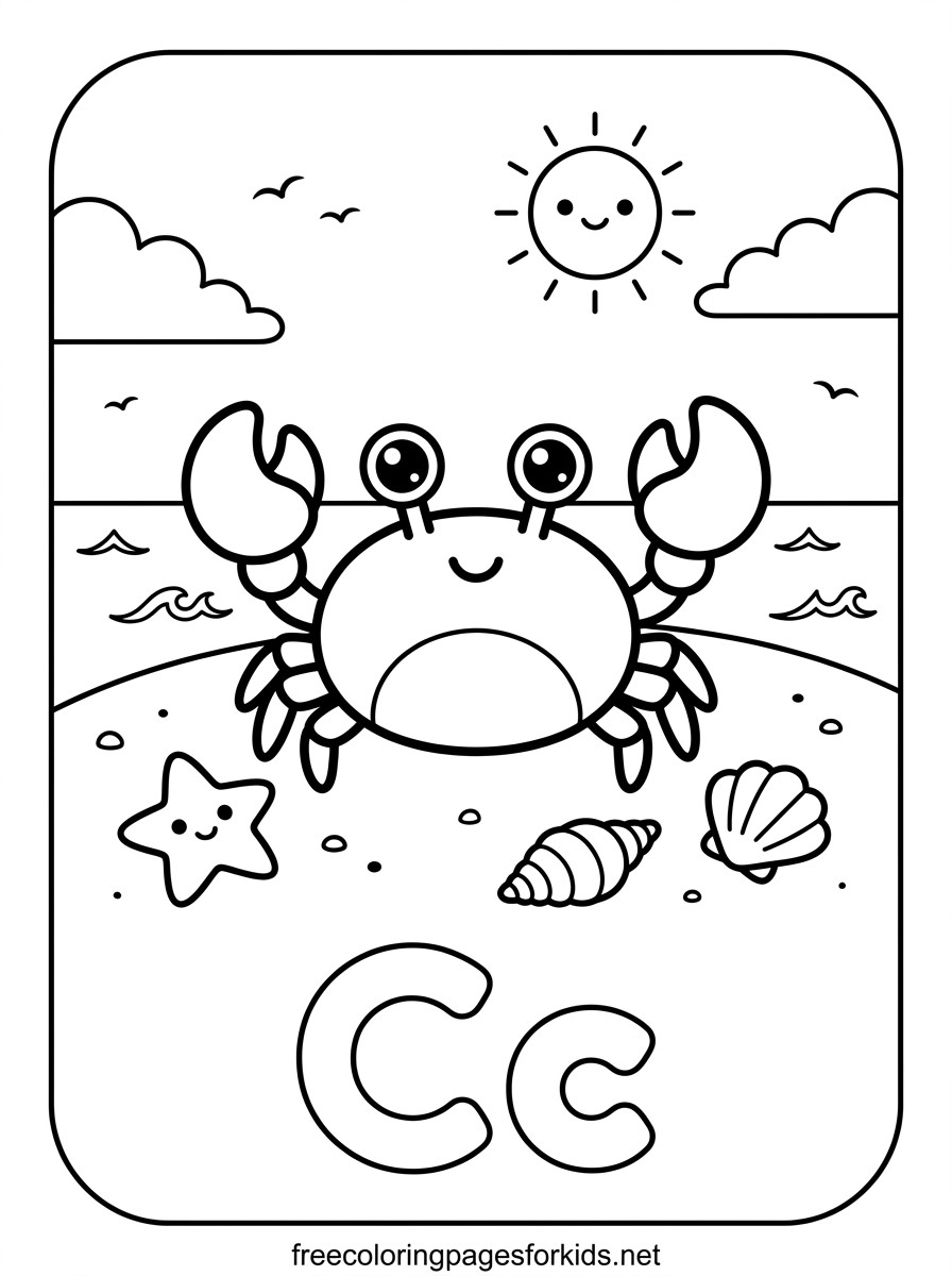 Letter C Crab on the Beach Coloring Page