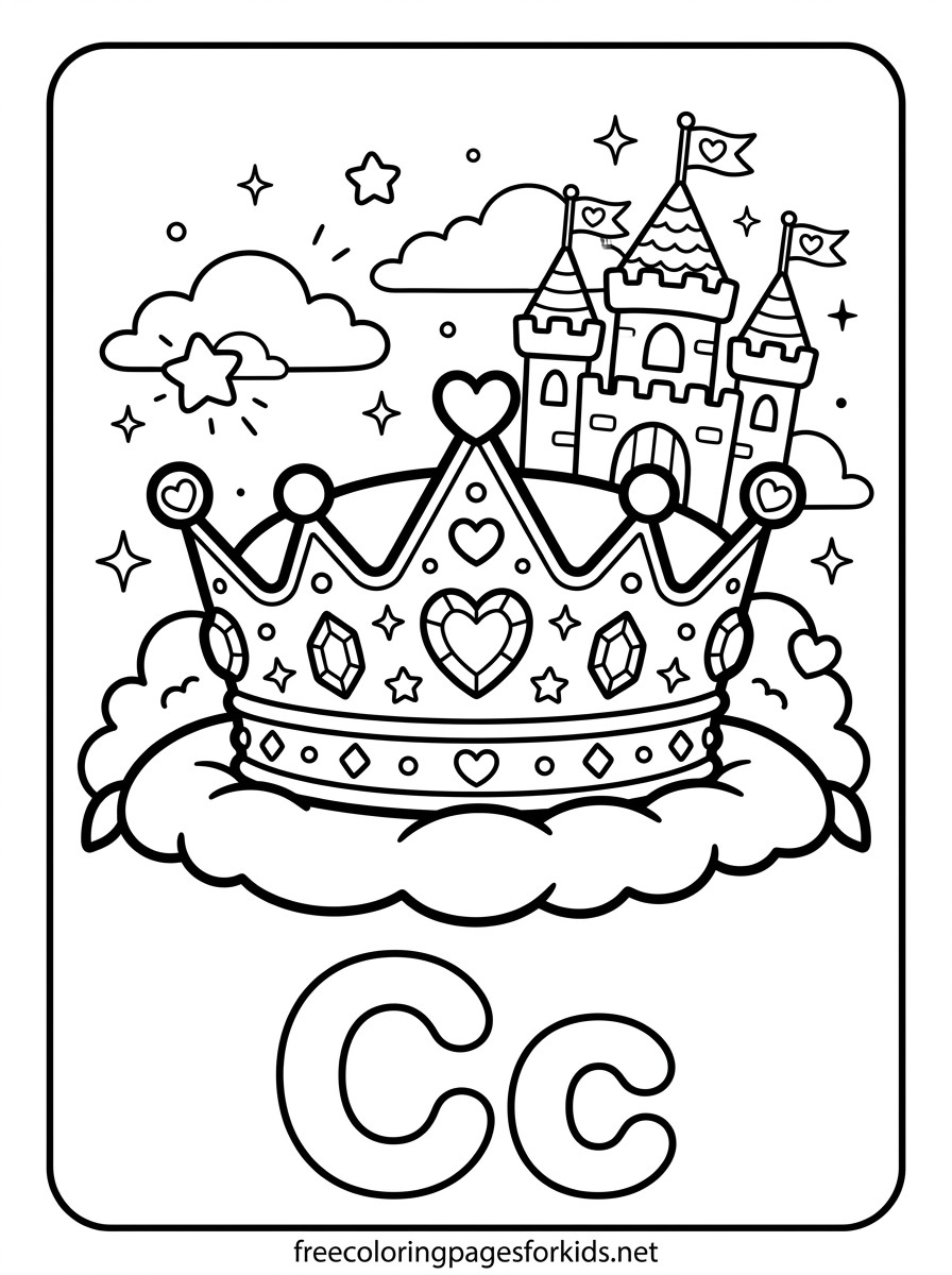 Letter C Crown and Castle Coloring Page