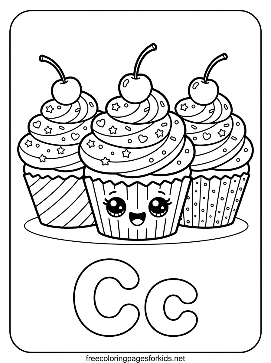 Letter C Cupcakes with Cherries Coloring Page