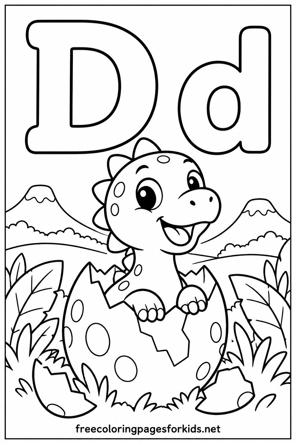 Letter D Baby Dinosaur Hatching Coloring Page