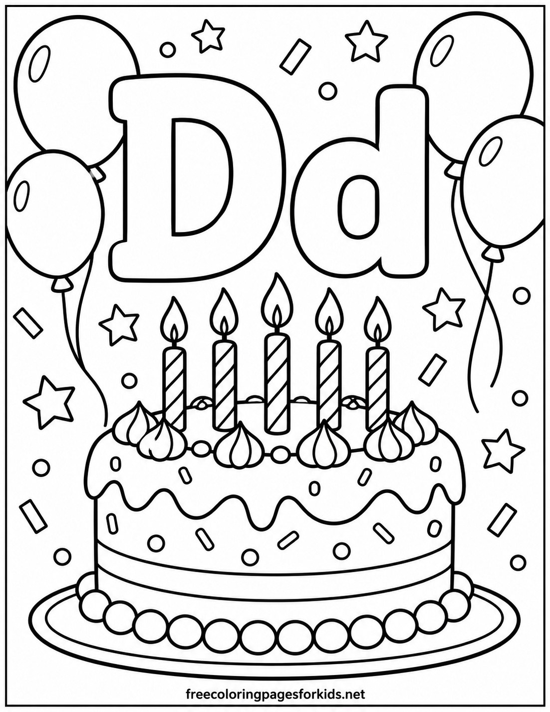 Letter D Birthday Cake with Balloons Coloring Page
