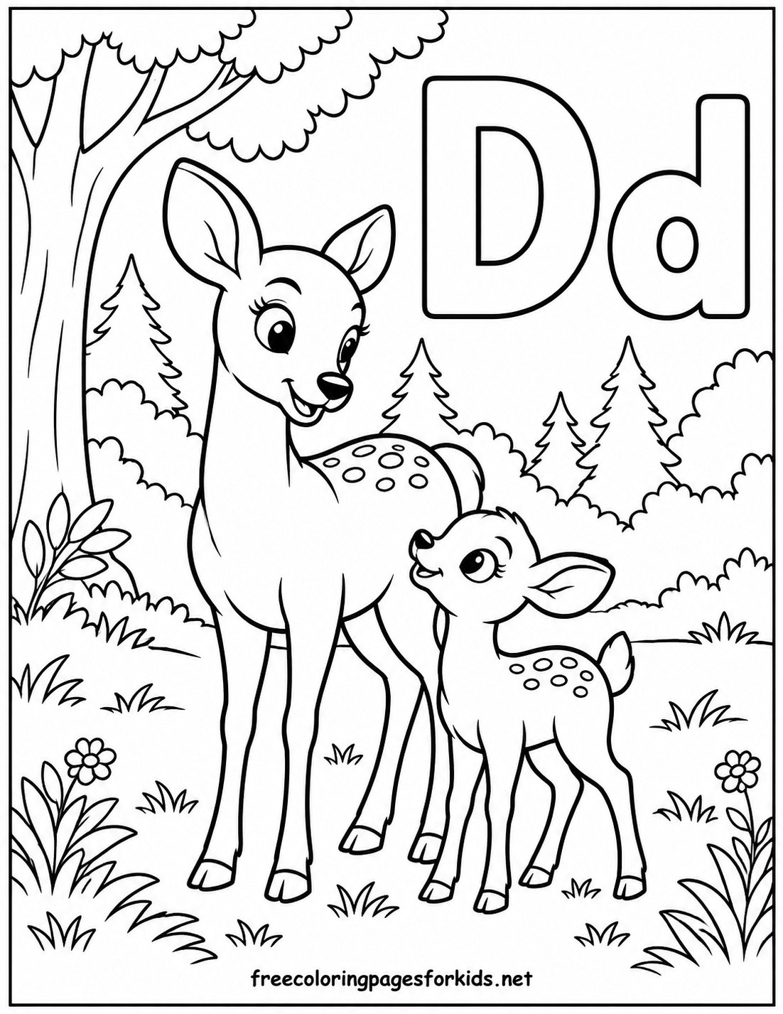 Letter D Deer and Fawn in the Forest Coloring Page
