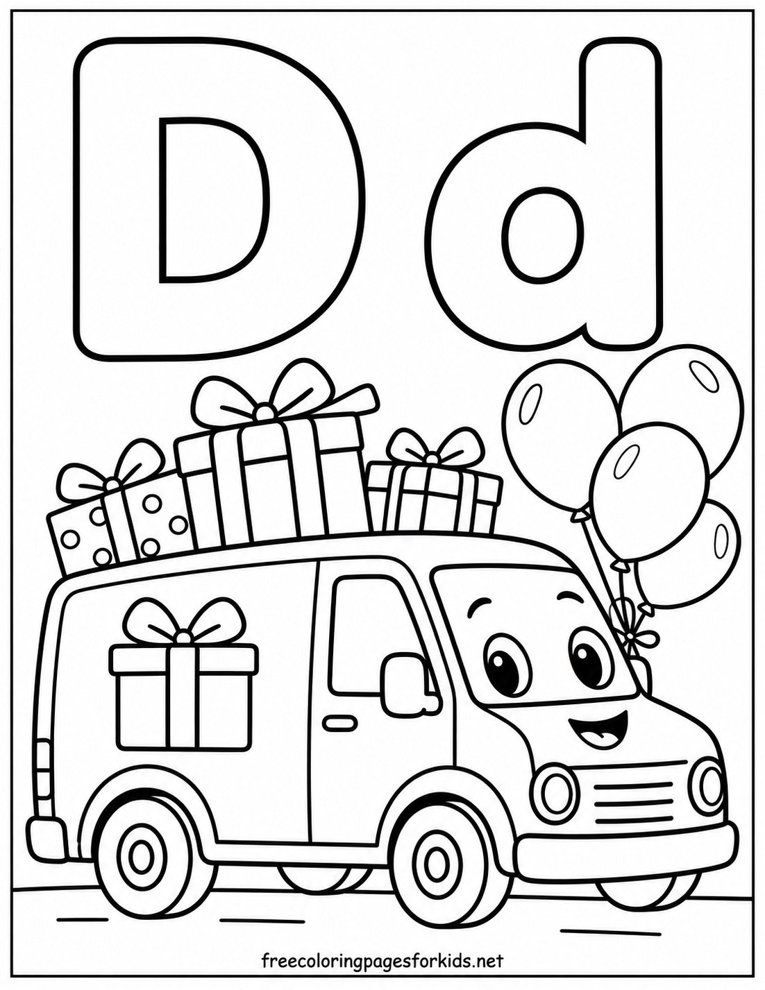 Letter D Delivery Van with Gifts Coloring Page