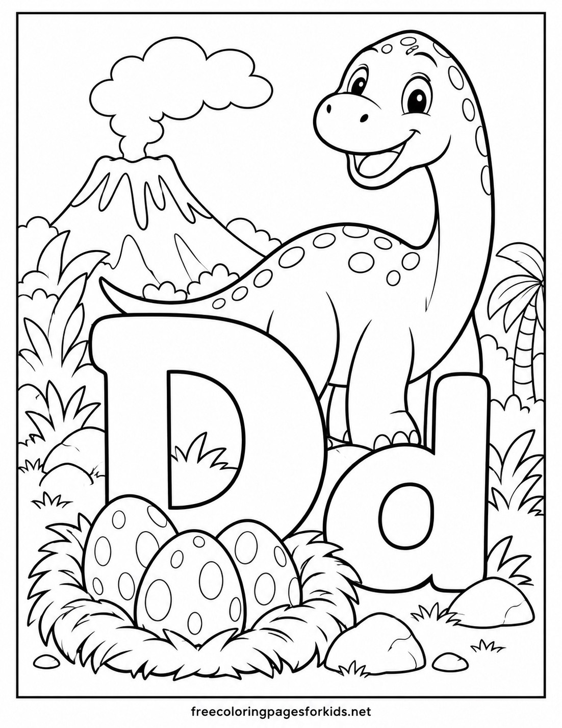 Letter D Dinosaur with Volcano and Eggs Coloring Page