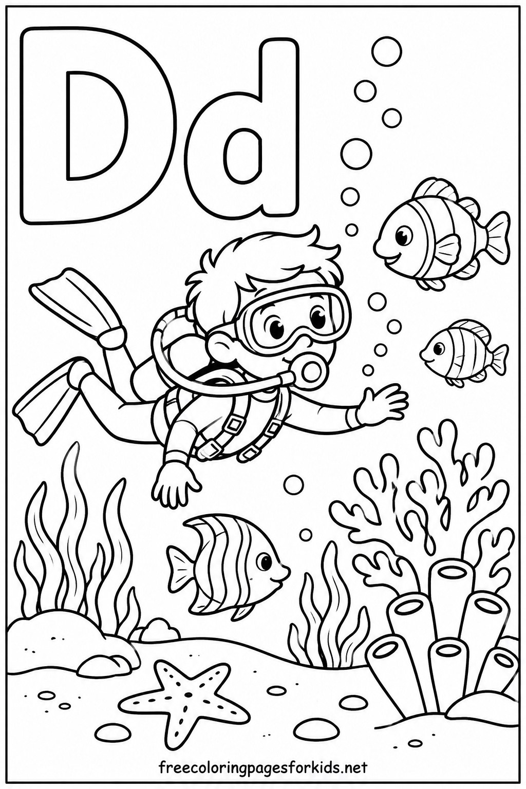 Letter D Diver with Fish Coloring Page