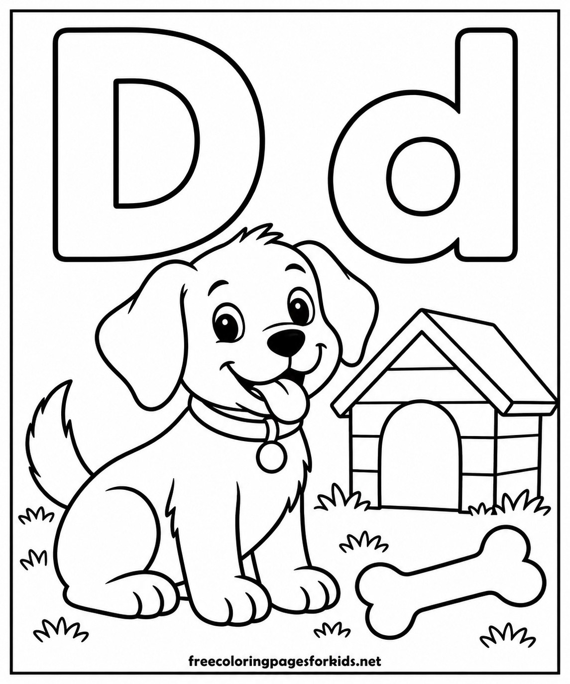 Letter D Dog with Doghouse and Bone Coloring Page