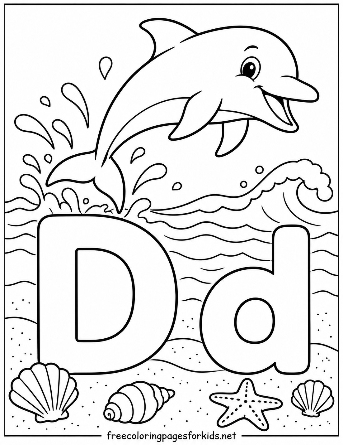 Letter D Dolphin Jumping at the Beach Coloring Page