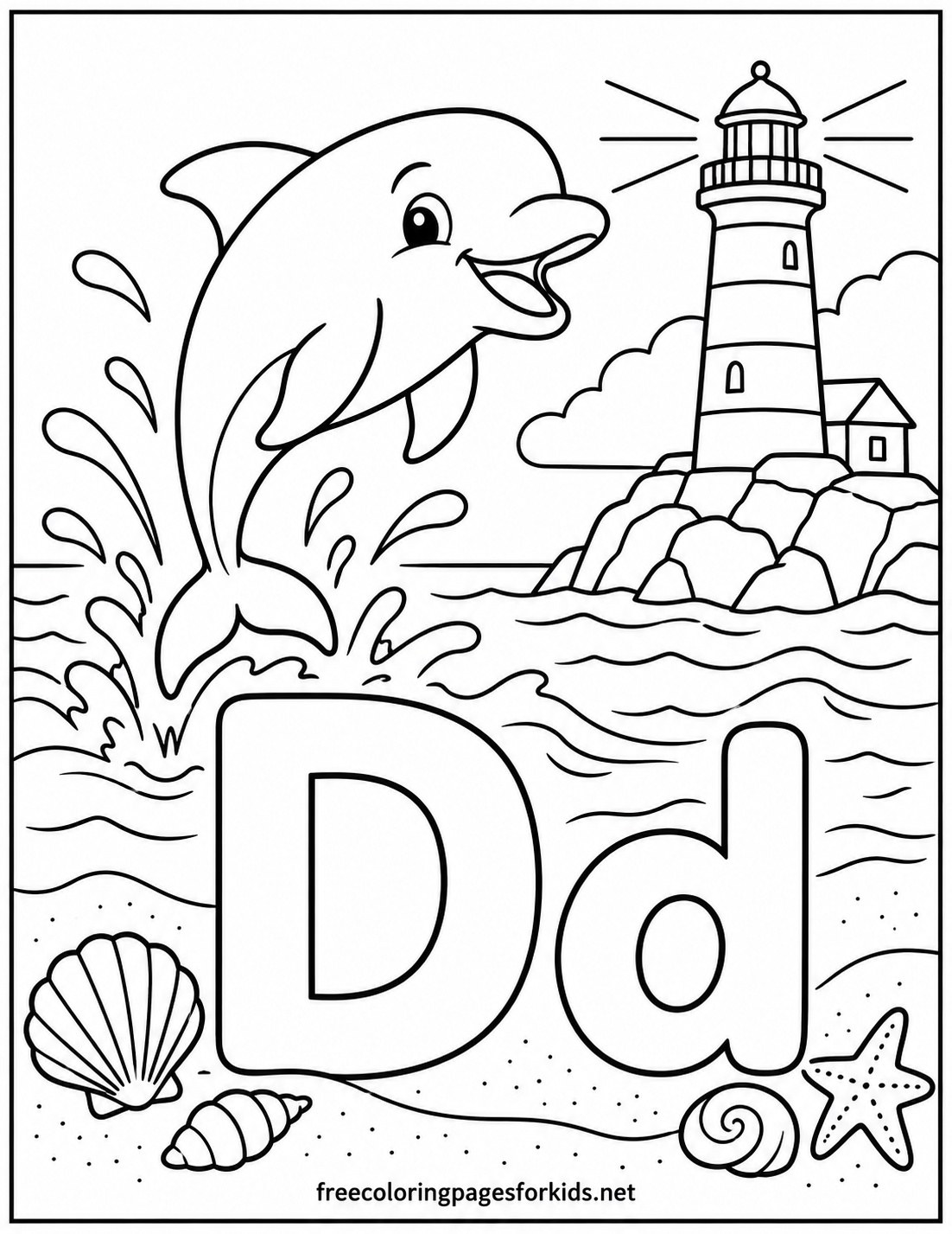Letter D Dolphin and Lighthouse Coloring Page