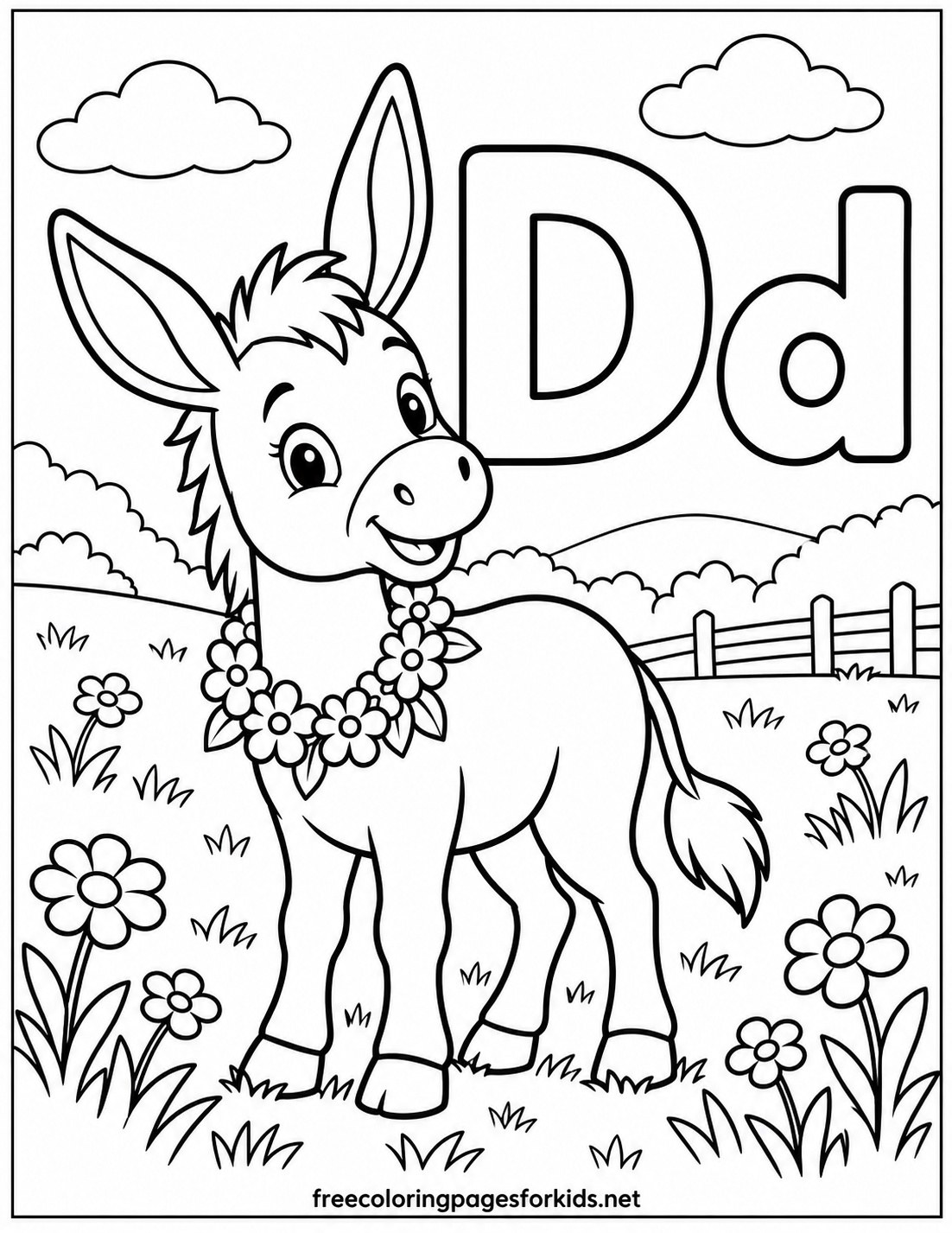 Letter D Donkey with Flower Necklace Coloring Page