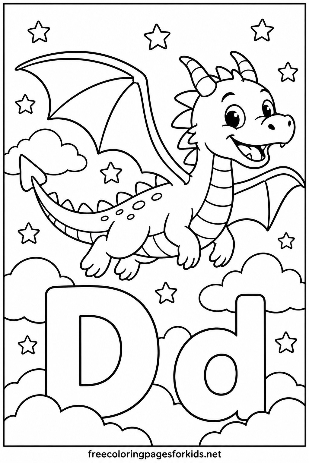 Letter D Dragon Flying in the Sky Coloring Page