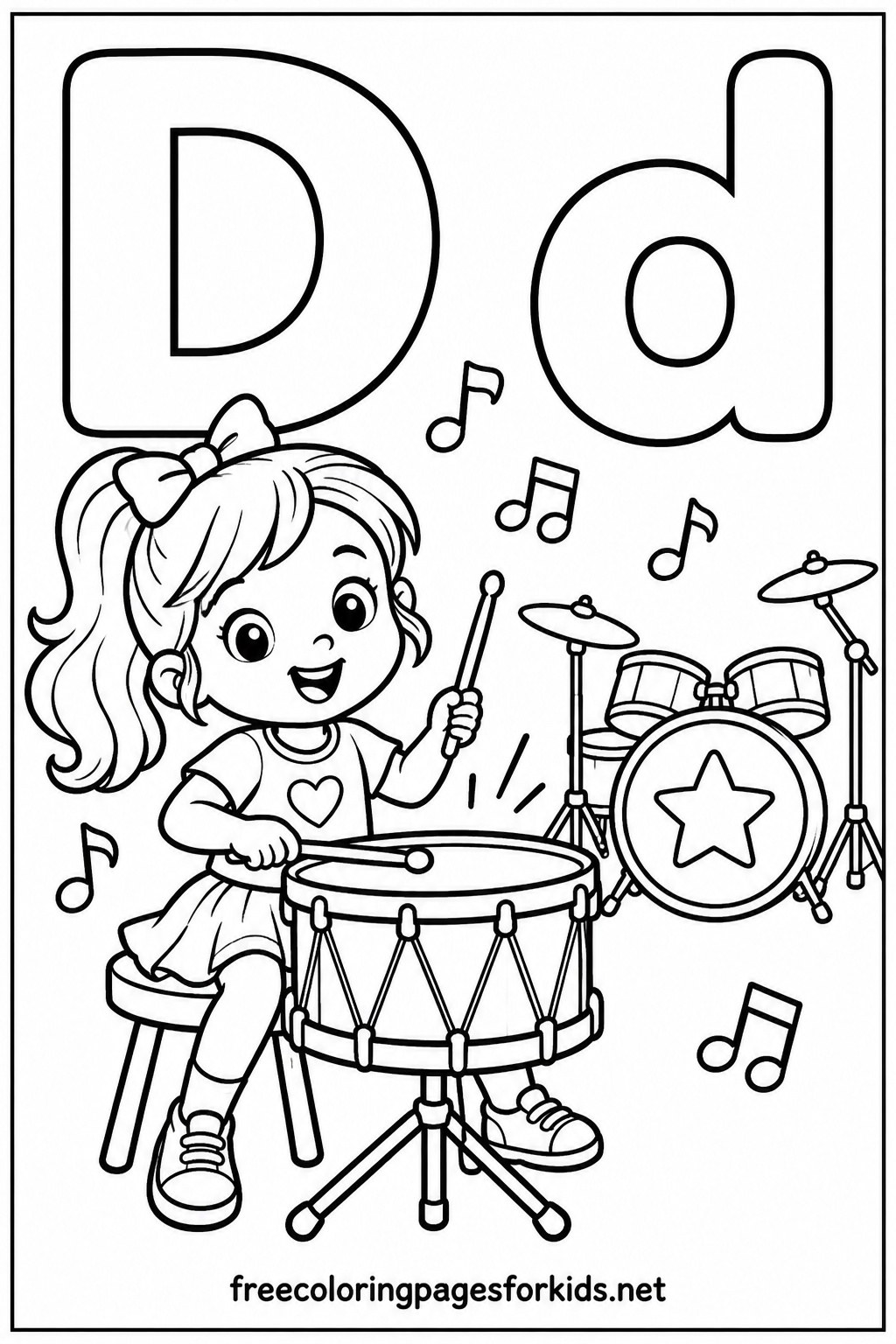 Letter D Girl Playing Drums Coloring Page
