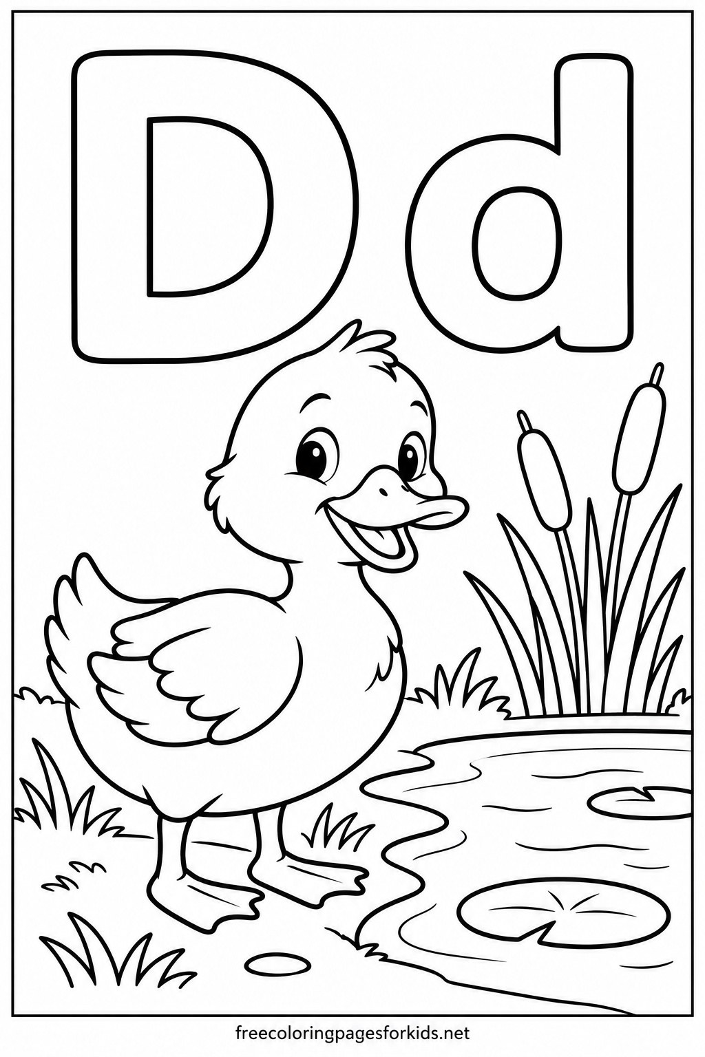 Letter D Duck by the Pond Coloring Page