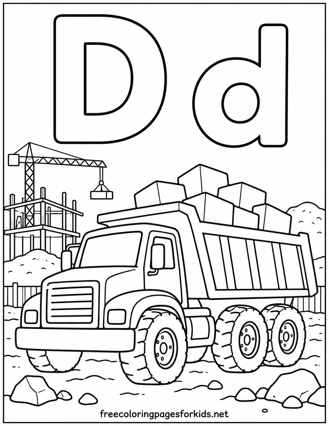 Letter D Dump Truck at the Construction Site Coloring Page